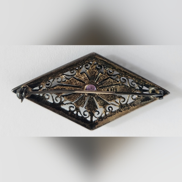 Sterling Silver Vintage Marcasite & Amethyst Gem Art-Deco-Style Pin Brooch - Picture 4 of 9